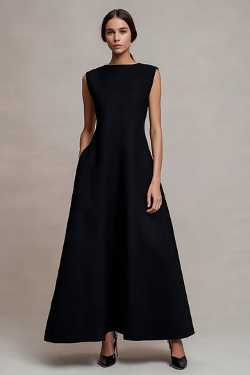 Simple Black A Line Bateau Neck Long Evening Dress